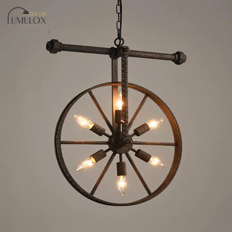 Metallic Wheel Chandelier Lamp Art Deco 6 Lights White/Black/Rust Pendant Ceiling Light For