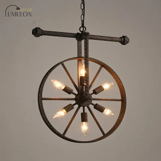 Metallic Wheel Chandelier Lamp Art Deco 6 Lights White/Black/Rust Pendant Ceiling Light For