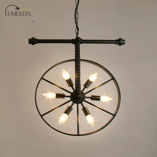 Metallic Wheel Chandelier Lamp Art Deco 6 Lights White/Black/Rust Pendant Ceiling Light For