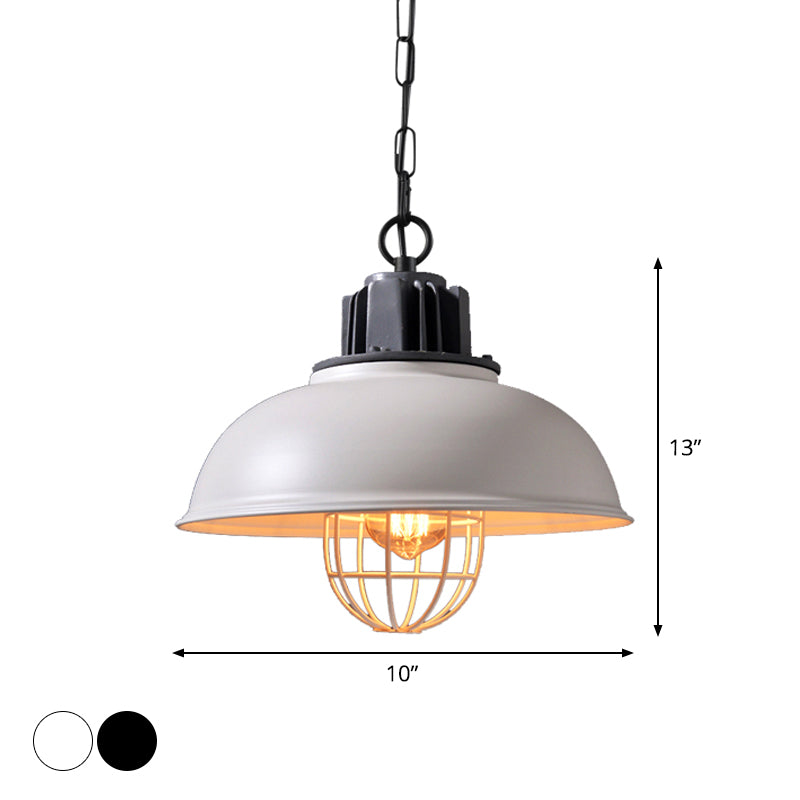 Industrial Iron Pendant Light - Bowl Dining Room Suspension Lighting With Cage Black/White