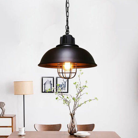 Iron Industrial 1-Head Pendant Light With Cage For Dining Room Bowl Suspension - Black/White