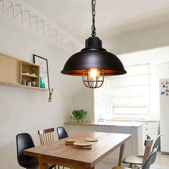 Industrial Iron Pendant Light - Bowl Dining Room Suspension Lighting With Cage Black/White