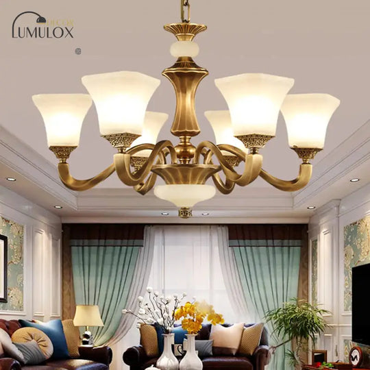 White Glass Pagoda Up Chandelier Traditional 3/6-Head Bedroom Hanging Pendant Light In Brass