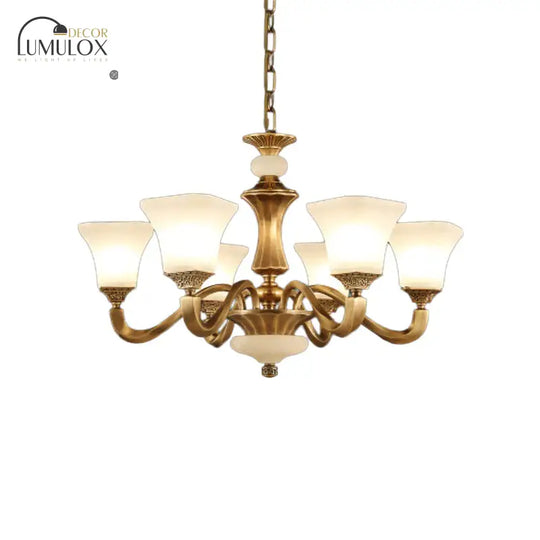 White Glass Pagoda Up Chandelier Traditional 3/6-Head Bedroom Hanging Pendant Light In Brass