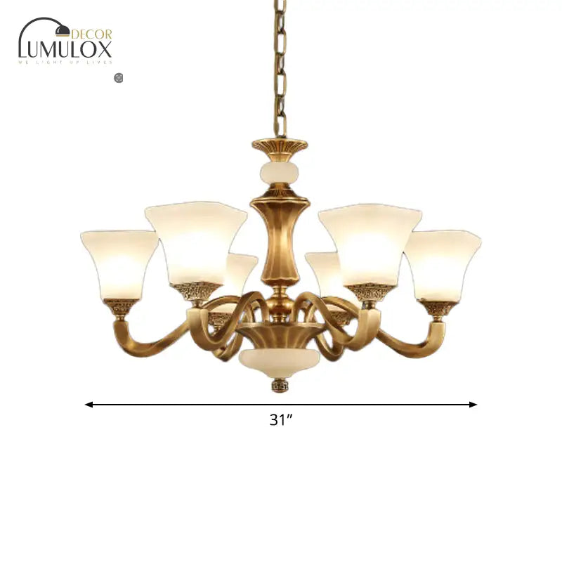 White Glass Pagoda Up Chandelier Traditional 3/6-Head Bedroom Hanging Pendant Light In Brass