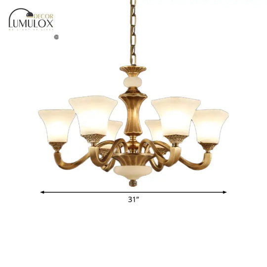 White Glass Pagoda Up Chandelier Traditional 3/6-Head Bedroom Hanging Pendant Light In Brass