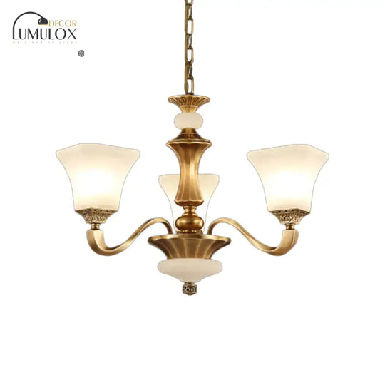 White Glass Pagoda Up Chandelier Traditional 3/6-Head Bedroom Hanging Pendant Light In Brass 3 /