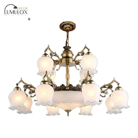 Bronze 15 Lights Chandelier Rural Opal Glass Tiered Flowerbud Shaped Drop Lamp For Restaurant