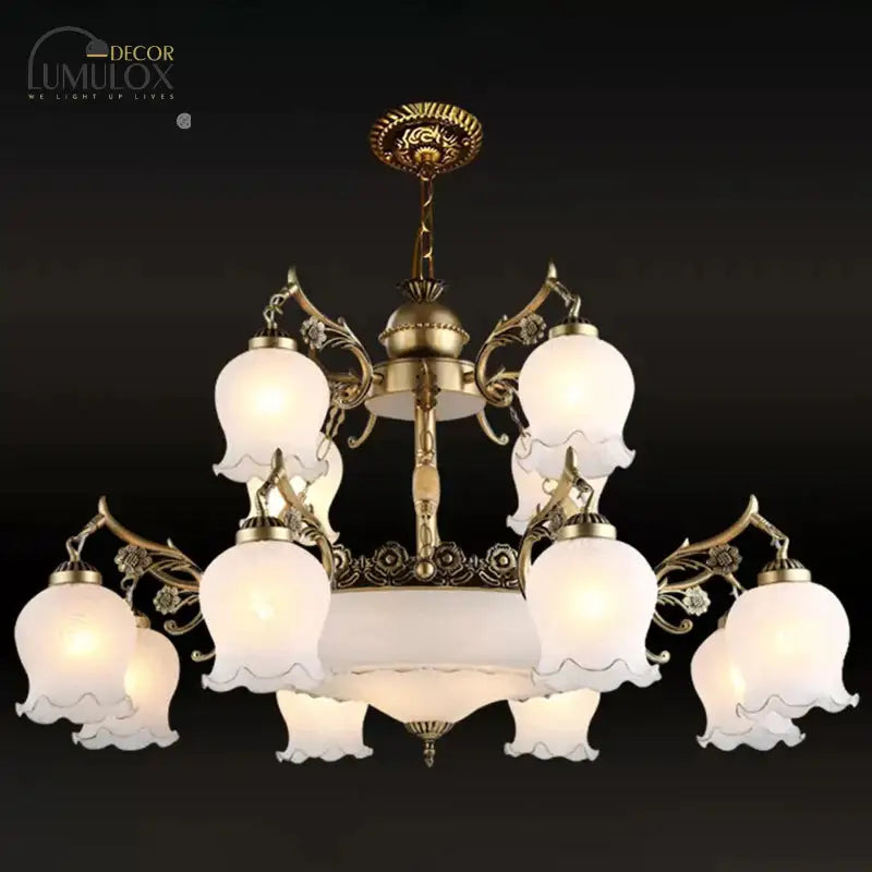 Bronze 15 Lights Chandelier Rural Opal Glass Tiered Flowerbud Shaped Drop Lamp For Restaurant