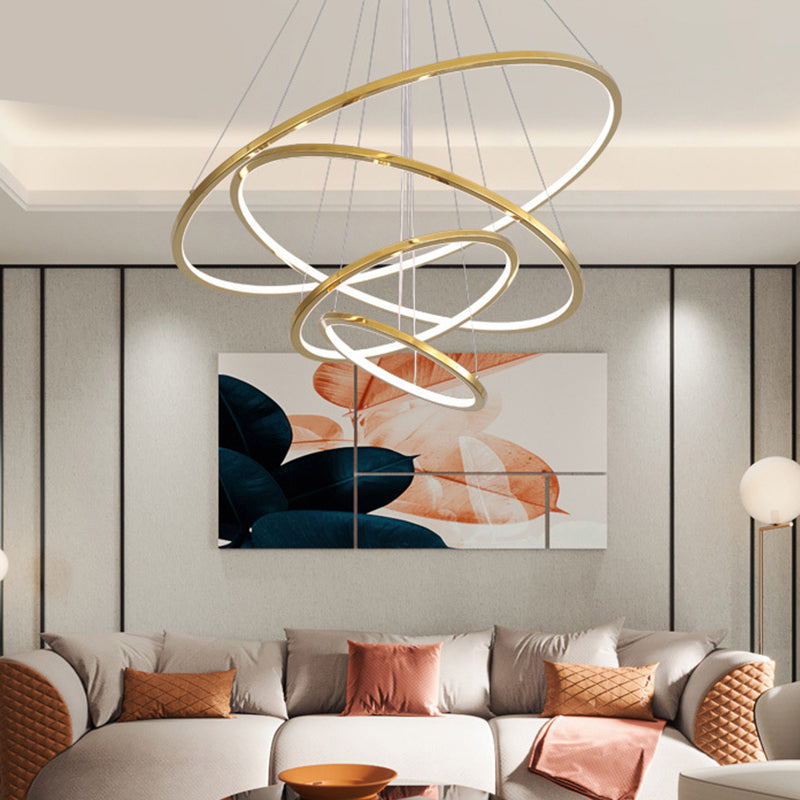 Gold Multi -Tire Chandelier Lamp Simplicity Stainless Steel Led Circle Ceiling Pendant / 4 Tiers