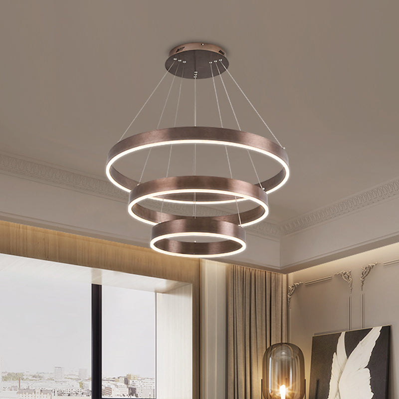 Minimalist Metal Led Chandelier: Circular Living Room Pendant Light (3 Heads) In Coffee/Gold
