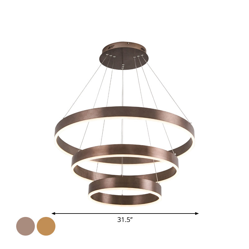 Minimalist Metal Led Chandelier: Circular Living Room Pendant Light (3 Heads) In Coffee/Gold
