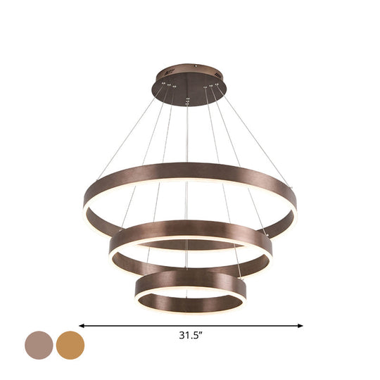 Minimalist Metal Led Chandelier: Circular Living Room Pendant Light (3 Heads) In Coffee/Gold