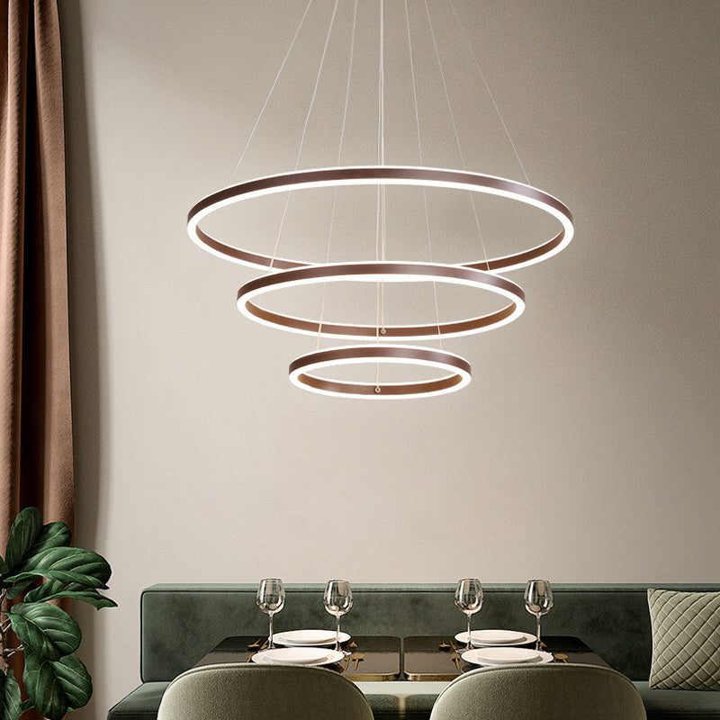 Brown 4 Tier Minimalistic Acrylic Led Ring Chandelier For Dining Room