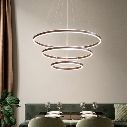 Brown 4 Tier Minimalistic Acrylic Led Ring Chandelier For Dining Room