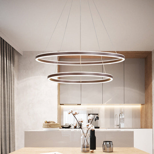 Minimalist Brown Ring Chandelier With Acrylic Led For Dining Room - 2/3/4 Tiers