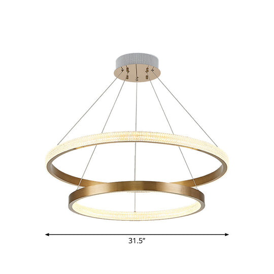 Postmodern Aluminum Led Chandelier With Gold Finish - 2/3 Tiered Hoop Pendant Light