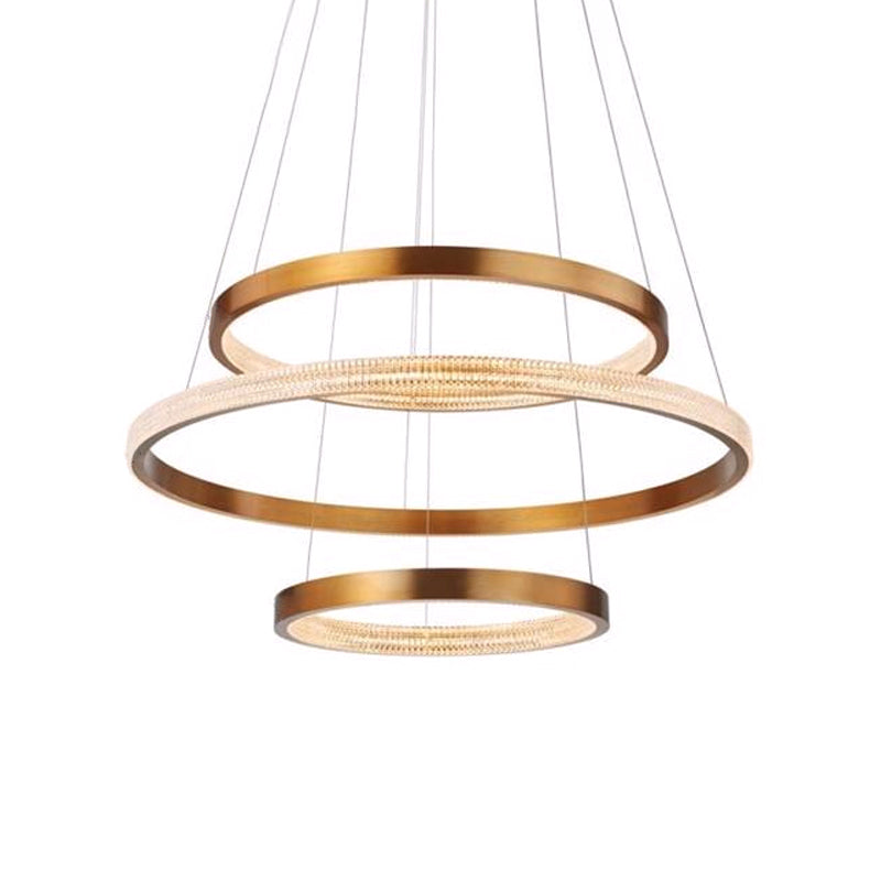Postmodern Aluminum Led Chandelier With Gold Finish - 2/3 Tiered Hoop Pendant Light