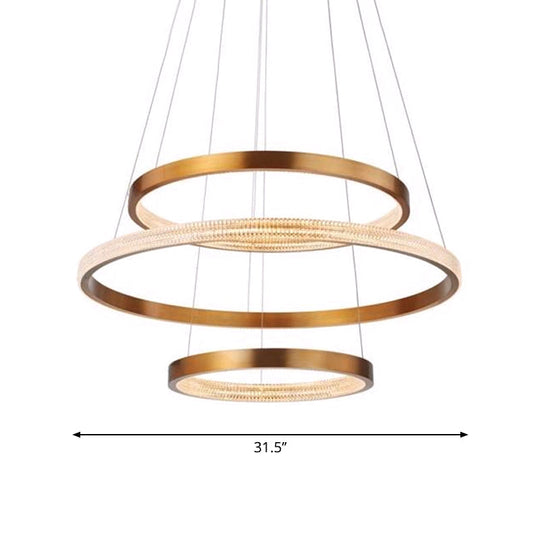 Postmodern Aluminum Led Chandelier With Gold Finish - 2/3 Tiered Hoop Pendant Light