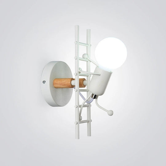 Modern Grey/White Wood Ladder Man Wall Sconce - 1-Bulb Metallic Mounted Light Fixture