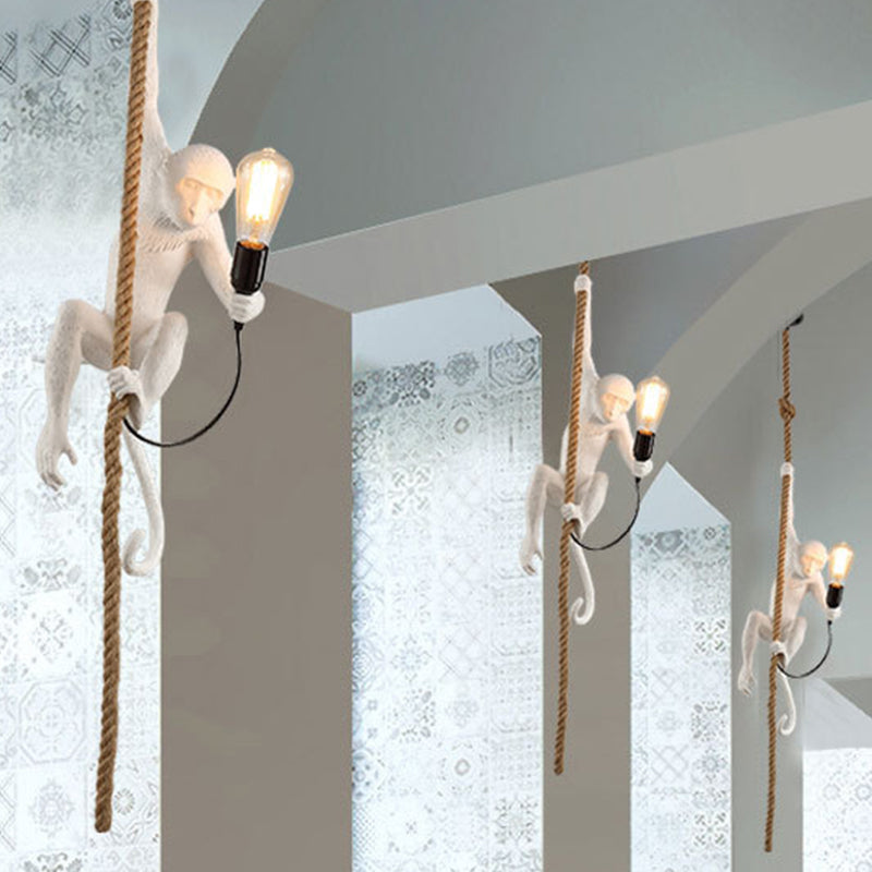 Modern Resin Monkey Ceiling Pendant Light With Rope Cord - 1-Light White Lamp