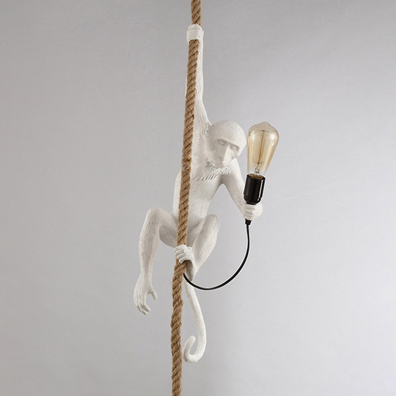 Modern Resin Monkey Ceiling Pendant Light With Rope Cord - 1-Light White Lamp