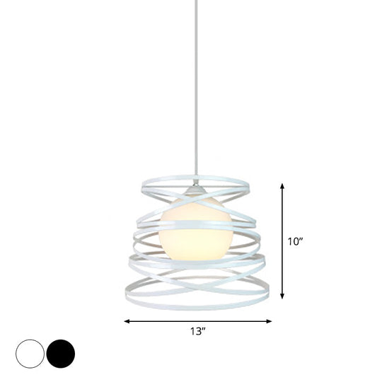 Modern Hanging Pendant Light With Opal Glass Shade - Black/White Finish