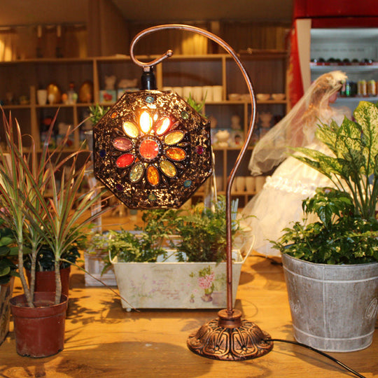 Bronze Stained Glass Octagon Night Lamp - Gooseneck Single-Bulb Table Light