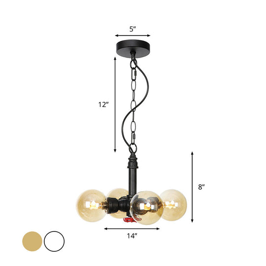 Vintage Amber/Clear Glass Chandelier Pendant Lamp - 4 Lights Global Black Hanging Ceiling Fixture