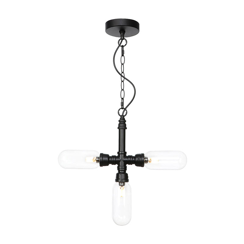 Industrial Glass Pipe Chandelier With Amber/Clear Accents - 3-Head Led Ceiling Fixture For Dining