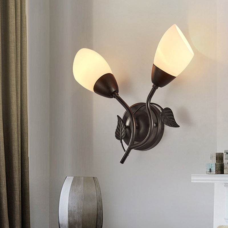 Rustic Tulip Wall Sconce Light With 2 Opal Frosted Glass Bulbs - Black/Gold Bedroom Lamp Black / B