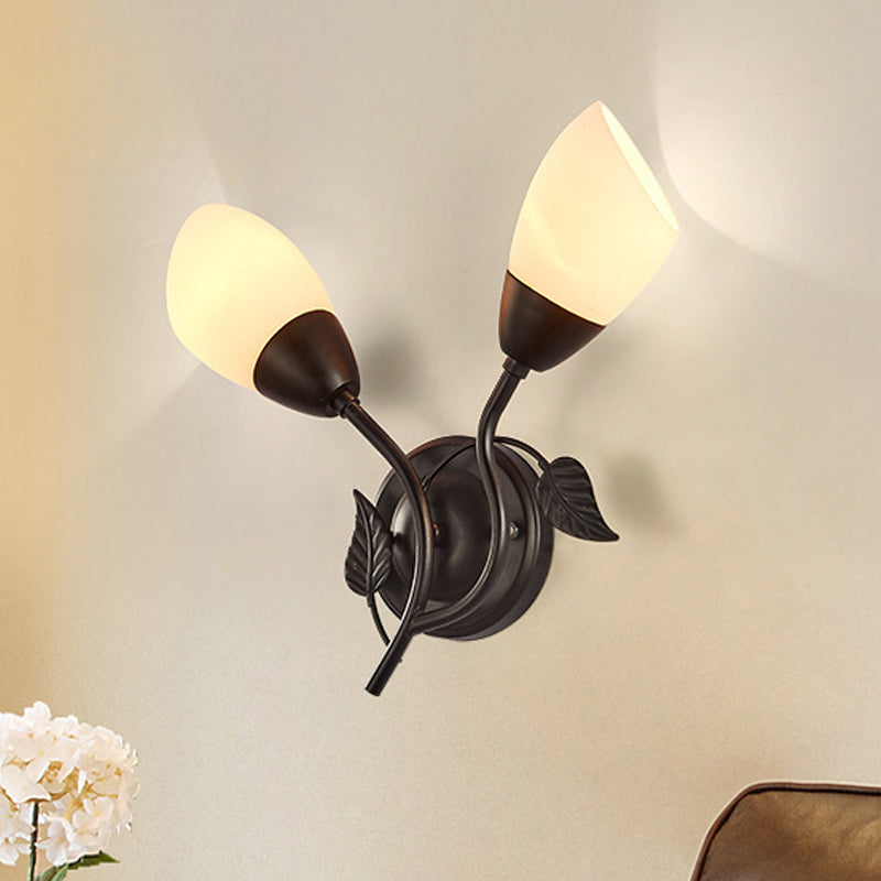 Rustic Tulip Wall Sconce Light With 2 Opal Frosted Glass Bulbs - Black/Gold Bedroom Lamp