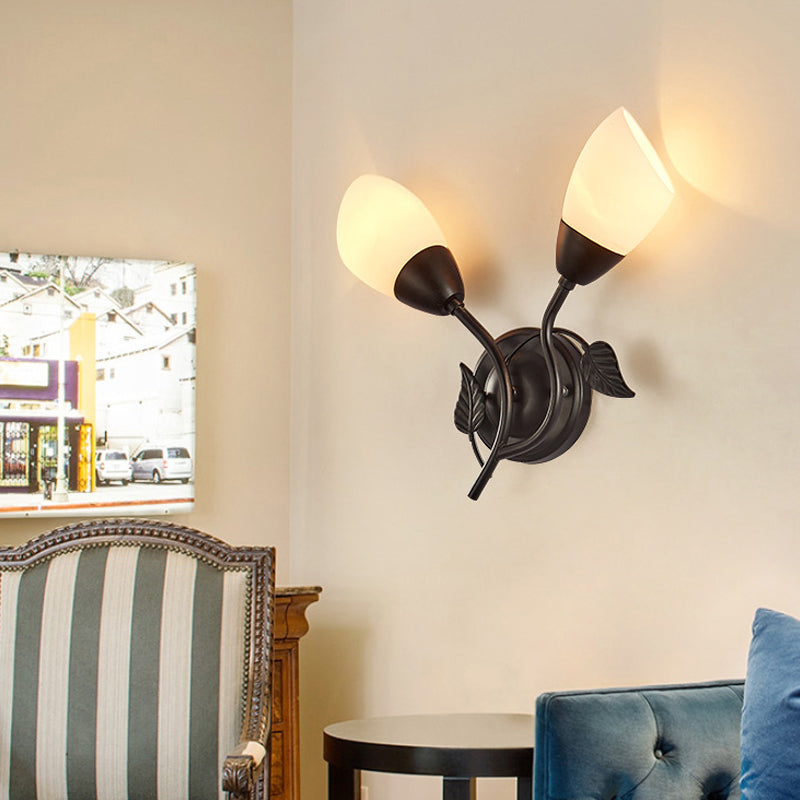 Rustic Tulip Wall Sconce Light With 2 Opal Frosted Glass Bulbs - Black/Gold Bedroom Lamp
