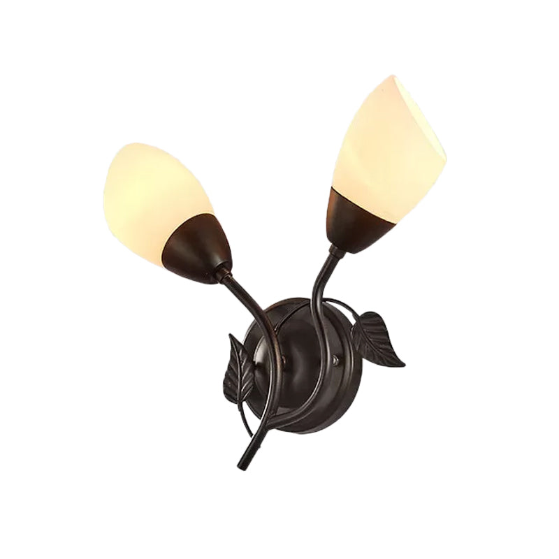 Rustic Tulip Wall Sconce Light With 2 Opal Frosted Glass Bulbs - Black/Gold Bedroom Lamp