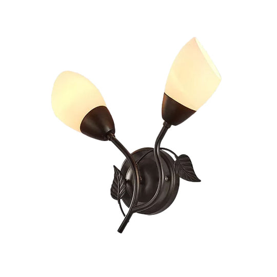 Rustic Tulip Wall Sconce Light With 2 Opal Frosted Glass Bulbs - Black/Gold Bedroom Lamp