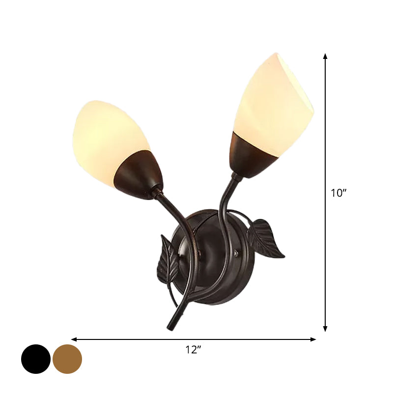 Rustic Tulip Wall Sconce Light With 2 Opal Frosted Glass Bulbs - Black/Gold Bedroom Lamp