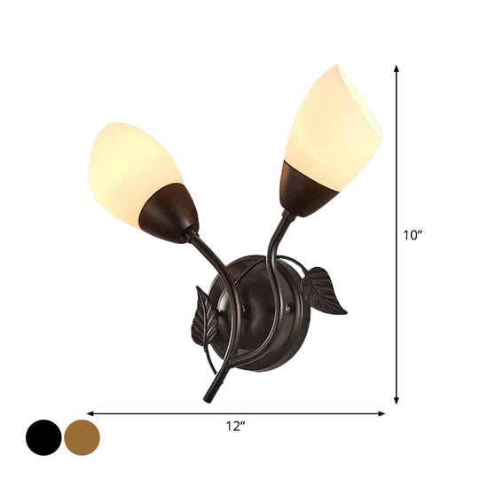 Rustic Tulip Wall Sconce Light With 2 Opal Frosted Glass Bulbs - Black/Gold Bedroom Lamp