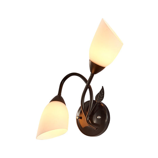 Rustic Tulip Wall Sconce Light With 2 Opal Frosted Glass Bulbs - Black/Gold Bedroom Lamp Black / A
