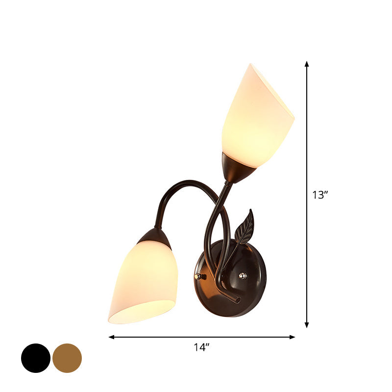 Rustic Tulip Wall Sconce Light With 2 Opal Frosted Glass Bulbs - Black/Gold Bedroom Lamp