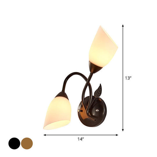 Rustic Tulip Wall Sconce Light With 2 Opal Frosted Glass Bulbs - Black/Gold Bedroom Lamp