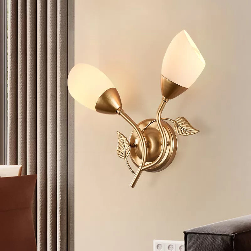 Rustic Tulip Wall Sconce Light With 2 Opal Frosted Glass Bulbs - Black/Gold Bedroom Lamp Gold / B