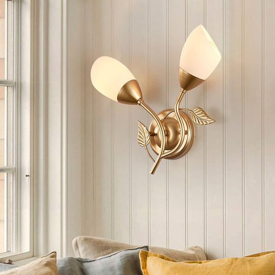 Rustic Tulip Wall Sconce Light With 2 Opal Frosted Glass Bulbs - Black/Gold Bedroom Lamp