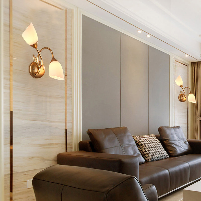 Rustic Tulip Wall Sconce Light With 2 Opal Frosted Glass Bulbs - Black/Gold Bedroom Lamp Gold / A