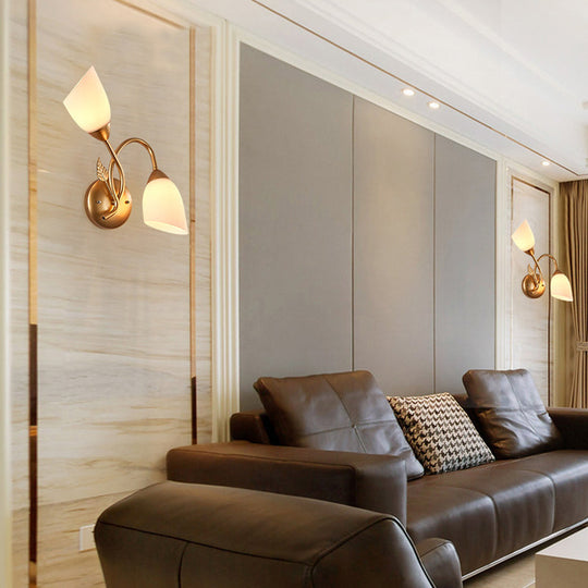 Rustic Tulip Wall Sconce Light With 2 Opal Frosted Glass Bulbs - Black/Gold Bedroom Lamp Gold / A