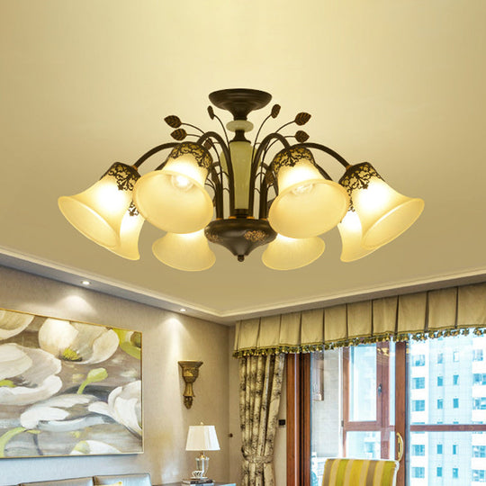 Frosted Glass Morning Glory Chandelier - Farmhouse Ceiling Pendant (3/6/8 Lights) In Black/White