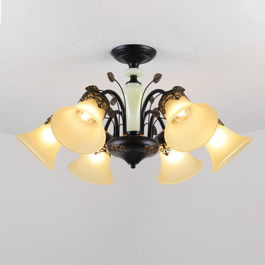 Frosted Glass Morning Glory Chandelier - Farmhouse Ceiling Pendant (3/6/8 Lights) In Black/White