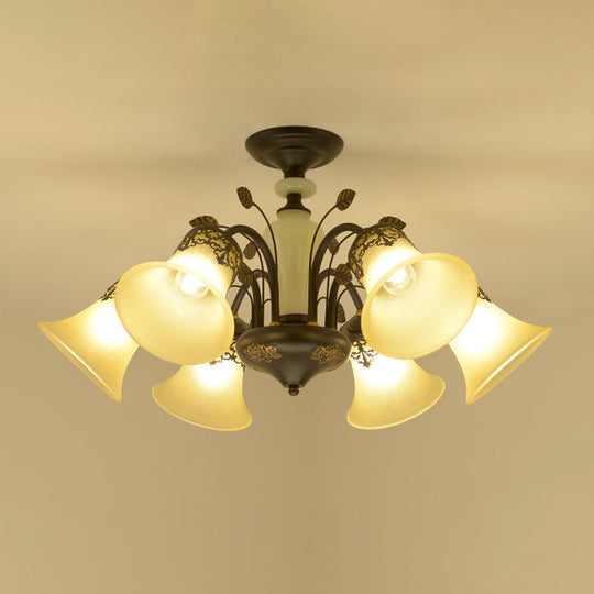 Frosted Glass Morning Glory Chandelier - Farmhouse Ceiling Pendant (3/6/8 Lights) In Black/White