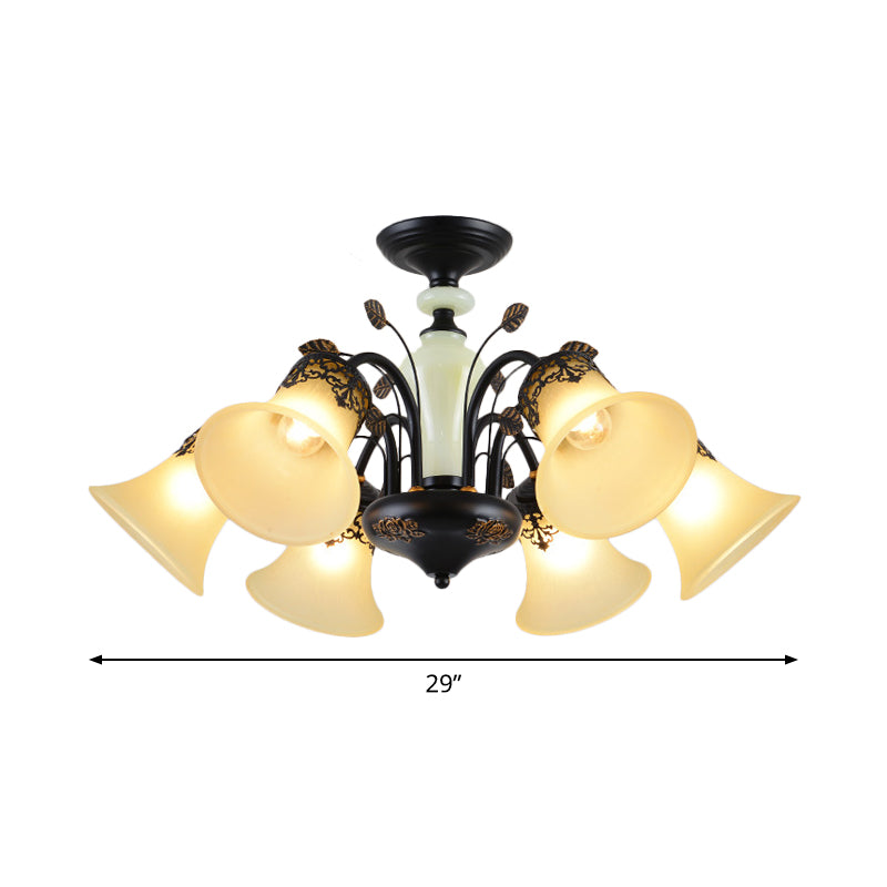 Frosted Glass Morning Glory Chandelier - Farmhouse Ceiling Pendant (3/6/8 Lights) In Black/White