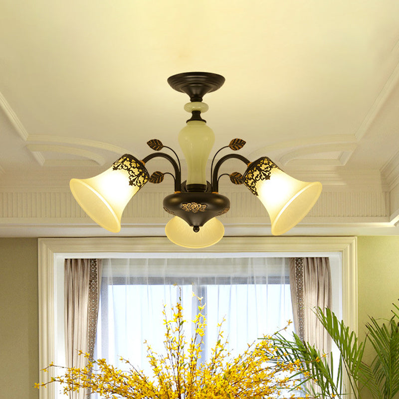 Frosted Glass Morning Glory Chandelier - Farmhouse Ceiling Pendant (3/6/8 Lights) In Black/White