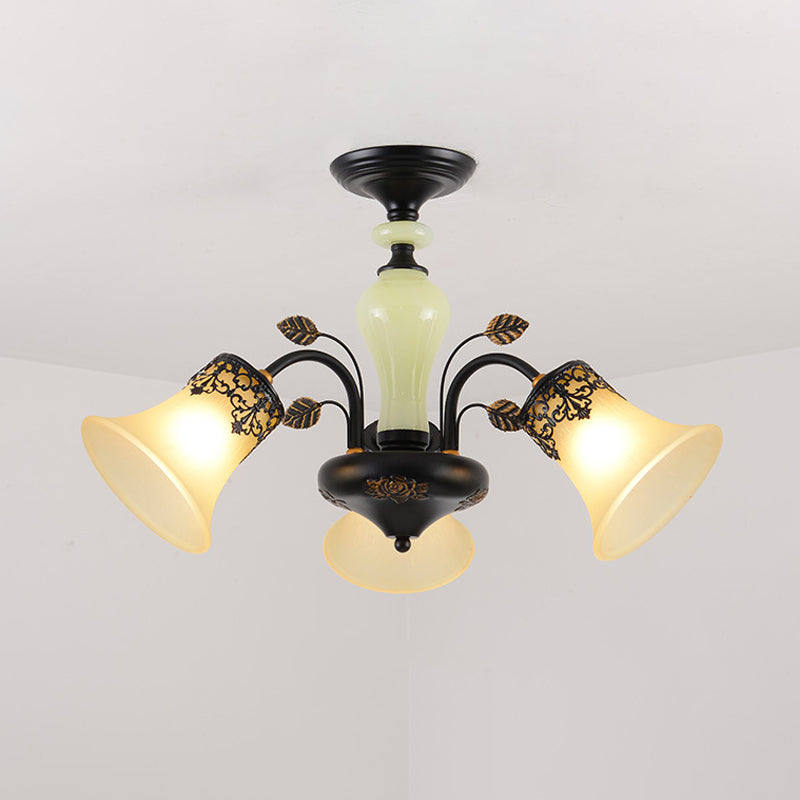 Frosted Glass Morning Glory Chandelier - Farmhouse Ceiling Pendant (3/6/8 Lights) In Black/White